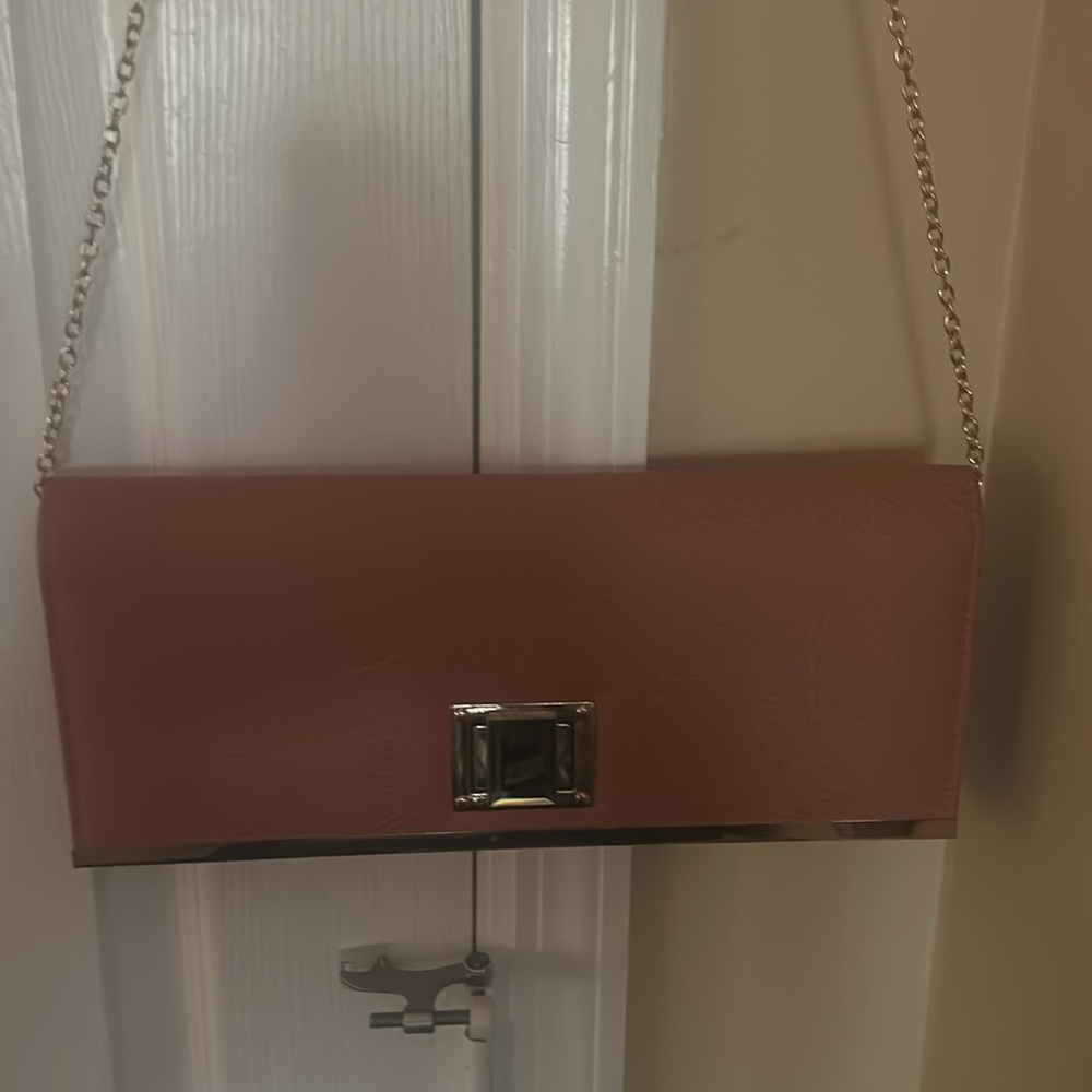 Pastel Coral Peach Large Rectangle Clutch with Removable Gold Chain Strap